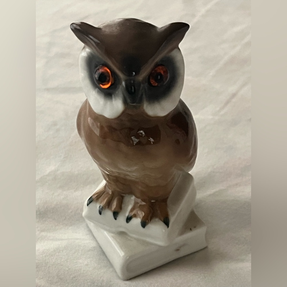 Miniature Glass Eyed Brown White Owl Perched Books Figurine Made in Germany
